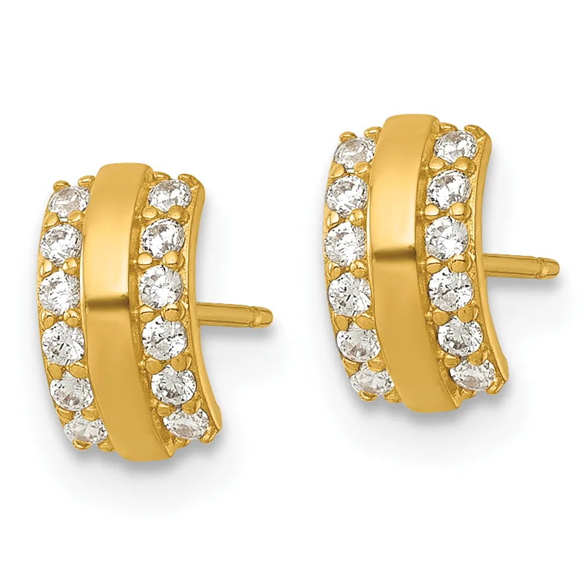 A pair of gold stud earrings with polished yellow gold bands flanked by rows of round cubic zirconia stones on posts.