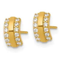 A pair of gold stud earrings with polished yellow gold bands flanked by rows of round cubic zirconia stones on posts.