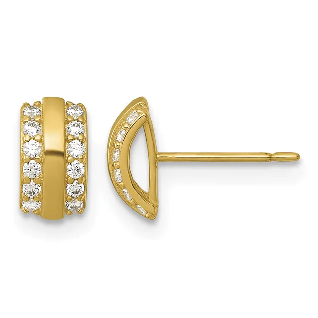 A pair of gold stud earrings with polished cylindrical centers flanked by rows of round cubic zirconia stones, shown from front and side views.