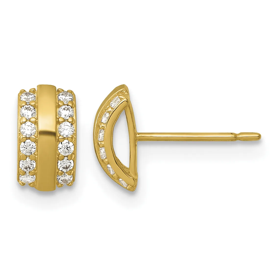 A pair of gold stud earrings with polished cylindrical centers flanked by rows of round cubic zirconia stones, shown from front and side views.