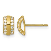 A pair of gold stud earrings with polished cylindrical centers flanked by rows of round cubic zirconia stones, shown from front and side views.