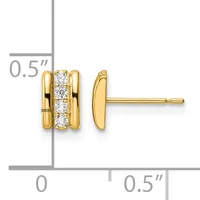 Gold stud earrings with a polished band on each side of a center row of round diamonds, shown at actual size with a measurement scale.