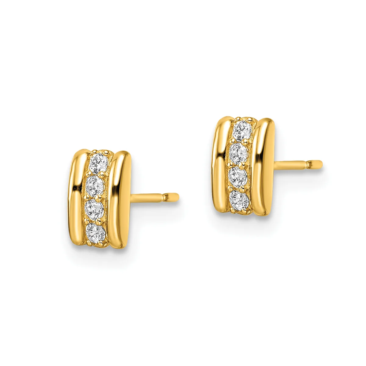 Pair of gold stud earrings with vertical rectangular design featuring a polished gold band flanking a central row of round white diamonds.