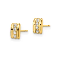Pair of gold stud earrings with vertical rectangular design featuring a polished gold band flanking a central row of round white diamonds.
