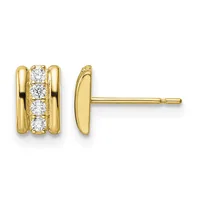 Pair of gold stud earrings with rectangular faces featuring a polished gold border and a vertical channel of round diamonds set down the center.