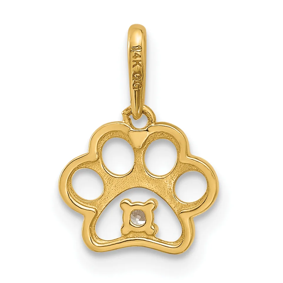 Gold paw print pendant with four circular cutouts around the edges and a small round gemstone set in the center pad, suspended from a rectangular bail.