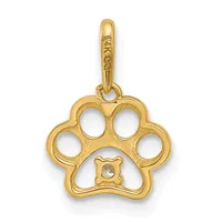 Gold paw print pendant with four circular cutouts around the edges and a small round gemstone set in the center pad, suspended from a rectangular bail.