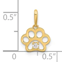 Gold paw print pendant with four oval cutouts and a round diamond in the center, shown next to a ruler indicating its size is approximately 0.5 inches in height and width.