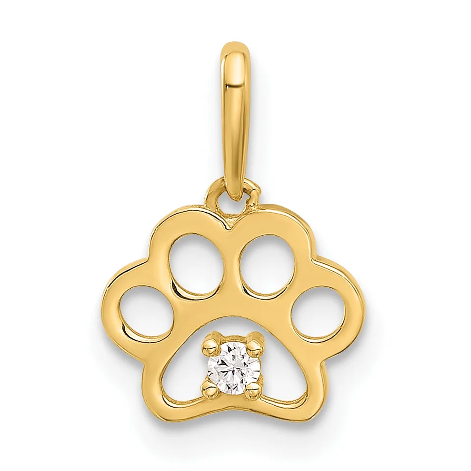 Gold paw print pendant with four oval cutouts around the edges and a round diamond or cubic zirconia stone set in the center pad, suspended from a gold bail.