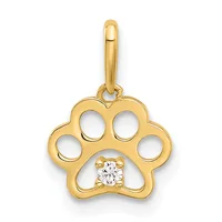 Gold paw print pendant with four oval cutouts around the edges and a round diamond or cubic zirconia stone set in the center pad, suspended from a gold bail.