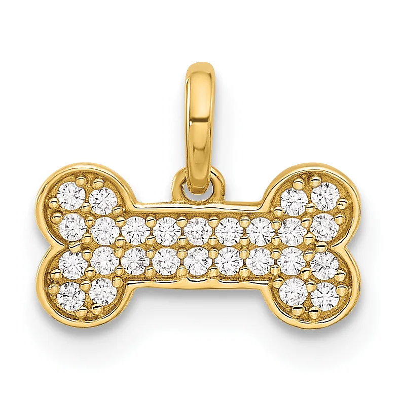 A gold bone-shaped pendant with cubic zirconia stones set throughout, suspended from a gold bail.