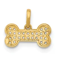 Gold dog bone pendant with a textured surface decorated with small round white stones arranged in rows, suspended from a bail loop.