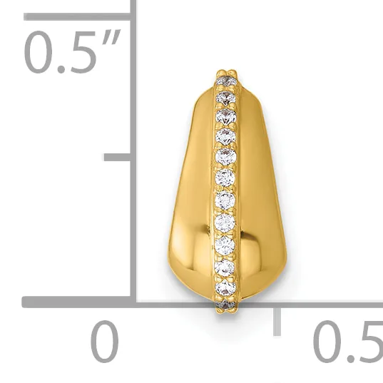 Gold teardrop-shaped pendant with a polished finish and a vertical channel of round white diamonds down the center, shown against a measurement scale.