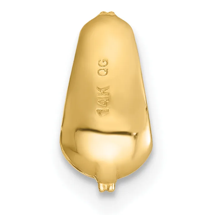 A gold-colored pear-shaped object with a polished finish and a small stamped hallmark on its upper surface, shown against a white background.