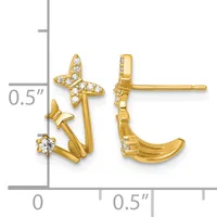 Gold earrings with starfish and curved hook designs decorated with cubic zirconia stones, shown next to a measurement scale indicating approximately 0.5 inches in height.