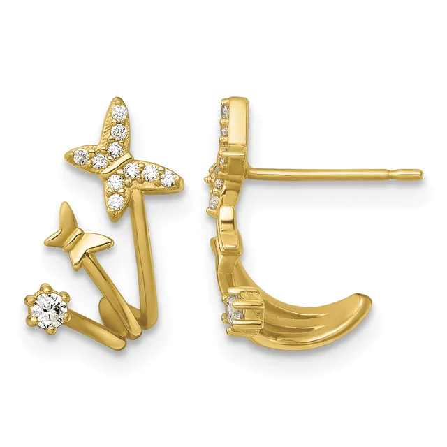 Pair of gold earrings with star and crescent moon designs, featuring diamond accents, shown from front and back views.