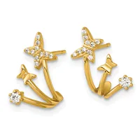 Pair of gold ear climber earrings with diamond-set starfish tops and small butterfly accents, featuring round diamond studs at the bottom.
