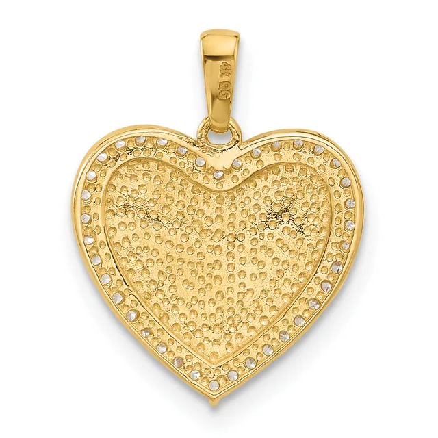 Gold heart-shaped pendant with textured surface and rhinestone border, shown hanging from a bail against a white background.