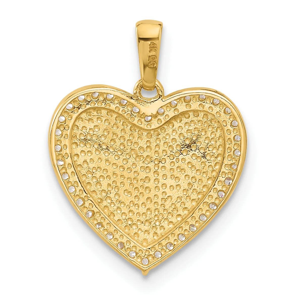 Gold heart-shaped pendant with textured surface and rhinestone border, shown hanging from a bail against a white background.
