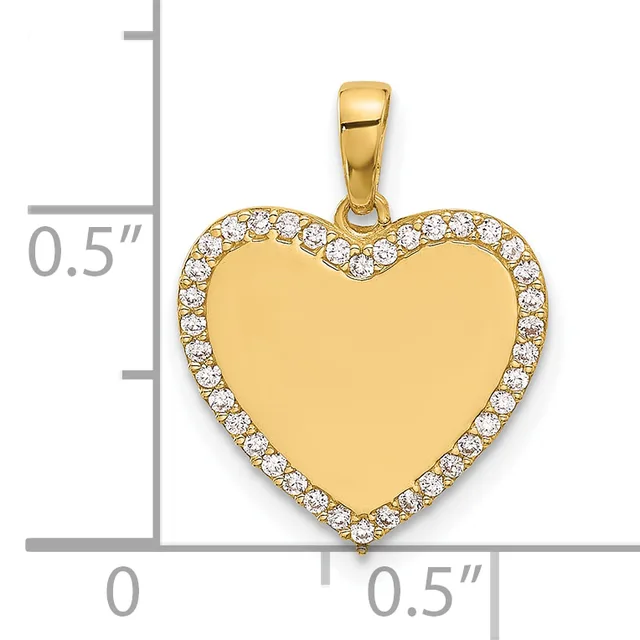 Gold heart pendant with diamond border shown next to a ruler measuring approximately 0.5 inches in width and height.