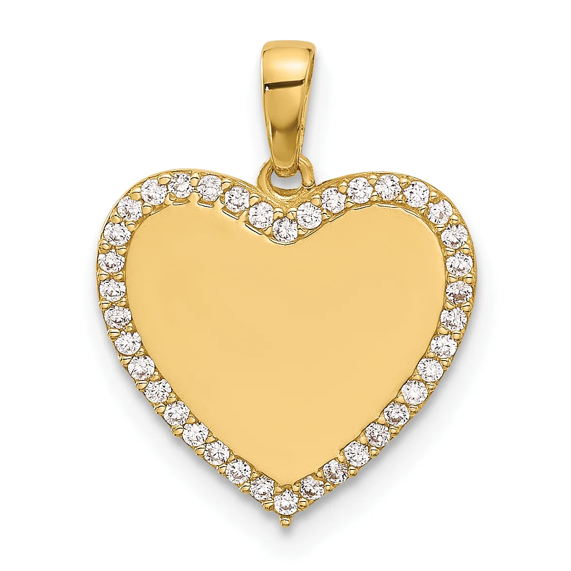 Gold heart-shaped pendant with a polished center surface and a border of round white cubic zirconia stones, suspended from a gold bail.