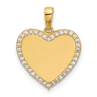 Gold heart-shaped pendant with a polished center surface and a border of round white cubic zirconia stones, suspended from a gold bail.