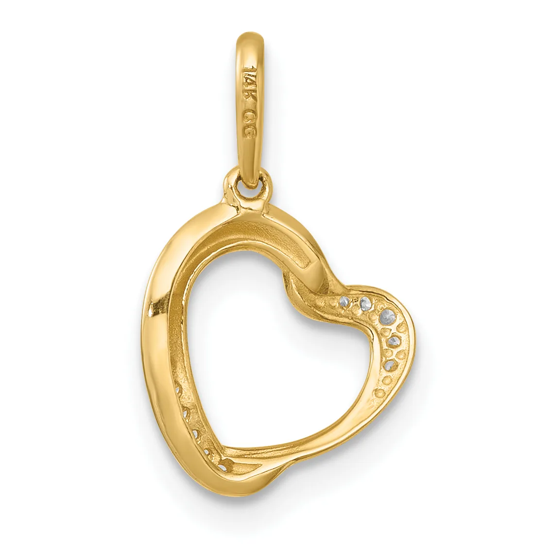 Gold heart-shaped pendant with small diamonds set on the right side and a bail loop at the top.
