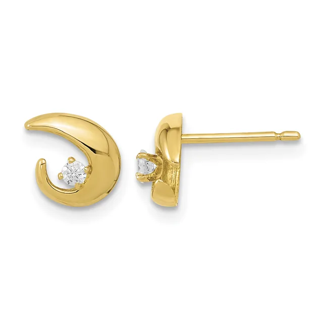 A pair of gold crescent-shaped stud earrings with round diamonds set in the curved opening of each crescent, shown from front and side views.