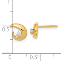 Gold curved teardrop earrings with small round diamonds, shown at actual size with measurement scale indicating approximately 0.5 inches in height.