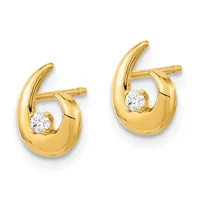 A pair of gold teardrop-shaped stud earrings with white round gemstones set at the center of each curved loop.