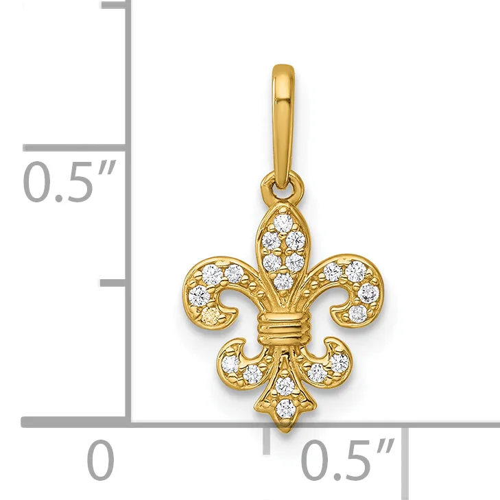Gold fleur-de-lis pendant with crystal accents shown next to a ruler indicating approximately 0.5 inches in height and width.