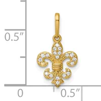 Gold fleur-de-lis pendant with crystal accents shown next to a ruler indicating approximately 0.5 inches in height and width.