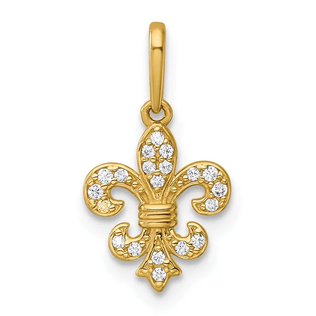 Gold fleur-de-lis pendant with cubic zirconia accents throughout the design, suspended from a gold bail.