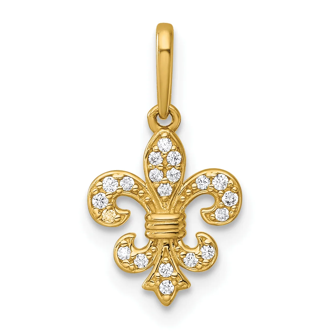 Gold fleur-de-lis pendant with cubic zirconia accents throughout the design, suspended from a gold bail.