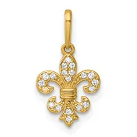 Gold fleur-de-lis pendant with cubic zirconia accents throughout the design, suspended from a gold bail.
