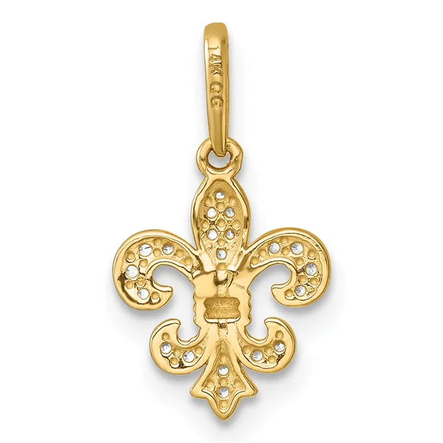 Gold fleur-de-lis pendant with crystal embellishments on each curved petal and center section, suspended from a plain bail.