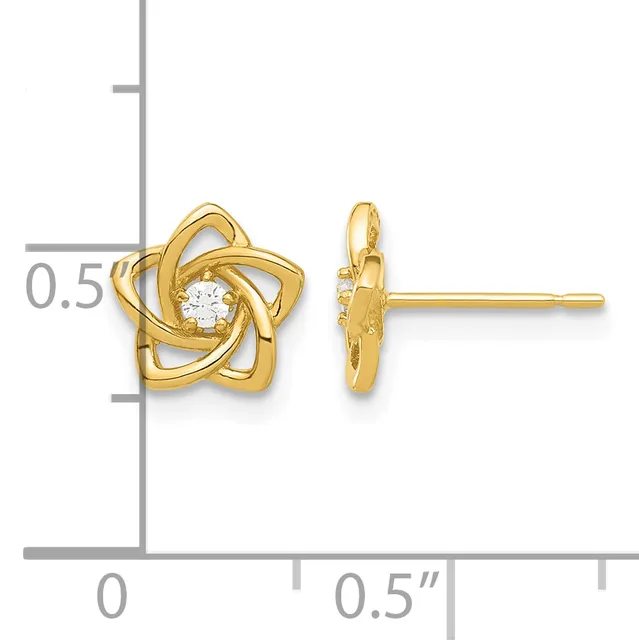 A pair of gold star-shaped stud earrings with a twisted ribbon design and white round stone centers, shown from front and side views with a measurement scale.