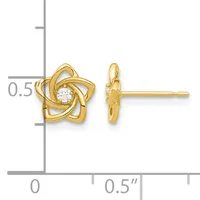 A pair of gold star-shaped stud earrings with a twisted ribbon design and white round stone centers, shown from front and side views with a measurement scale.