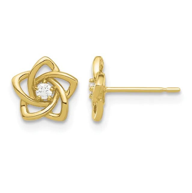 Pair of gold star-shaped stud earrings with interlocking curved petals and a round white cubic zirconia stone in the center, shown from front and side views.