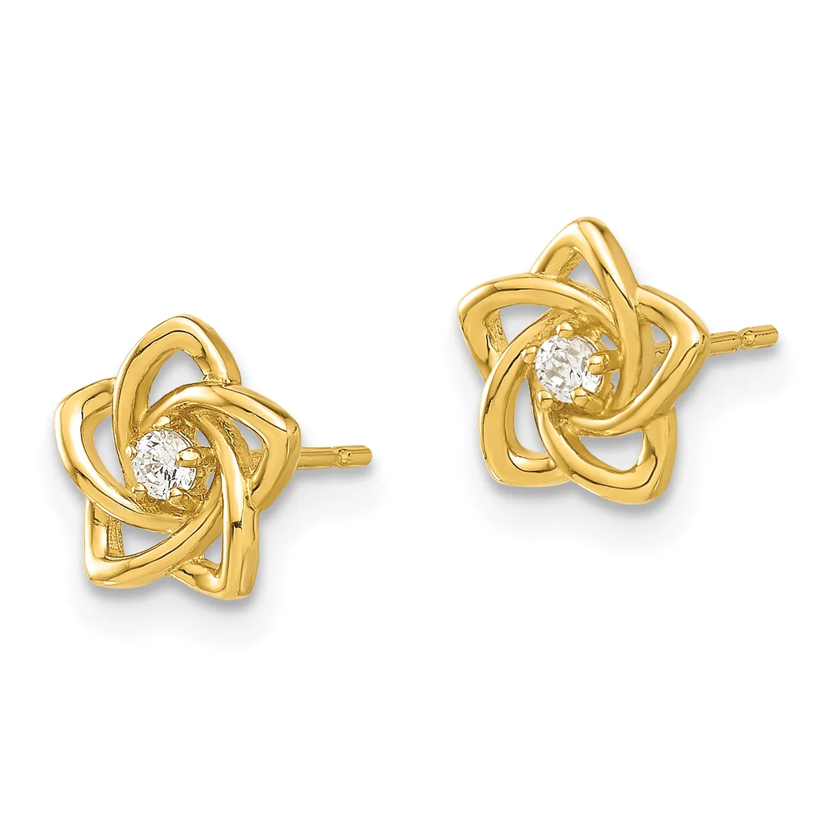 A pair of gold stud earrings featuring a four-pointed star design with intertwined loops and a round white gemstone in the center of each earring.