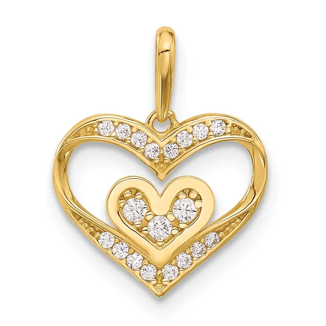 Gold heart pendant with nested heart shapes, featuring round diamonds set throughout the outer and inner heart outlines, with a bale loop at the top.