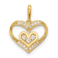 Gold heart pendant with nested heart shapes, featuring round diamonds set throughout the outer and inner heart outlines, with a bale loop at the top.