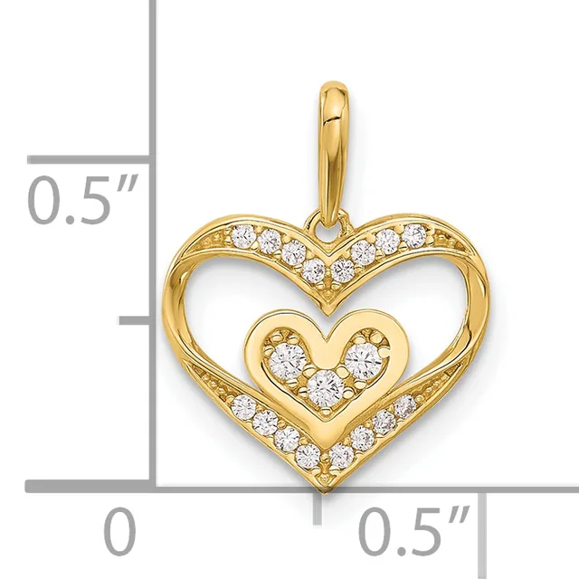 Gold heart pendant with cubic zirconia stones arranged in a double heart design, shown next to a measurement scale indicating approximately half an inch in width and height.