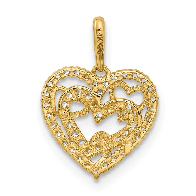 A gold heart-shaped pendant with a decorative bow design in the center, embellished with small crystals throughout, suspended from a gold bail.