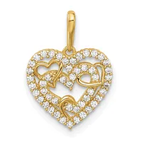 Gold heart pendant with two interlocking hearts inside outlined in diamonds, suspended from a gold bail.