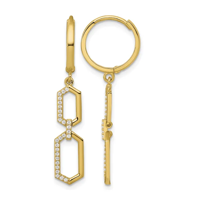 Pair of gold hoop earrings with two connected rectangular pendants outlined in cubic zirconia stones, shown front and back views.