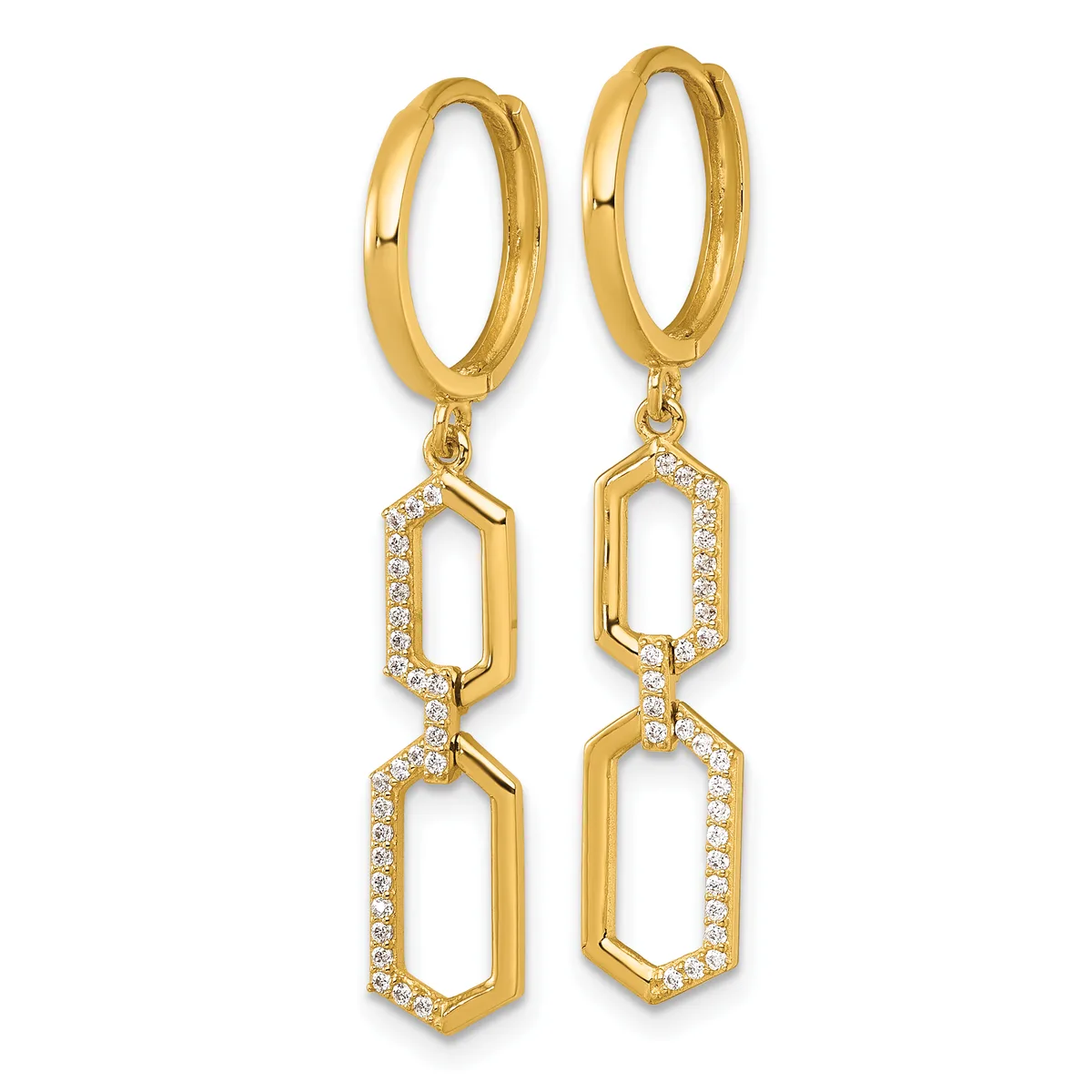 Pair of gold-tone huggie hoop earrings with two connected hexagonal pendants outlined in cubic zirconia stones.