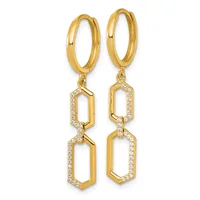 Pair of gold-tone huggie hoop earrings with two connected hexagonal pendants outlined in cubic zirconia stones.
