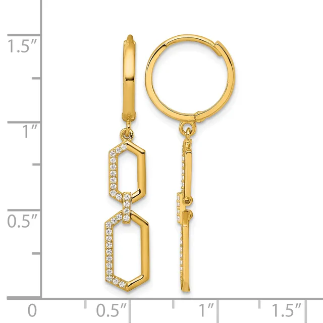 Gold-tone huggie hoop earrings with two connected hexagonal pendants outlined in cubic zirconia, displayed next to a measurement ruler.