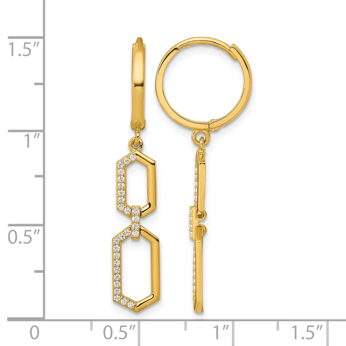 Gold-tone huggie hoop earrings with two connected hexagonal pendants outlined in cubic zirconia, displayed next to a measurement ruler.